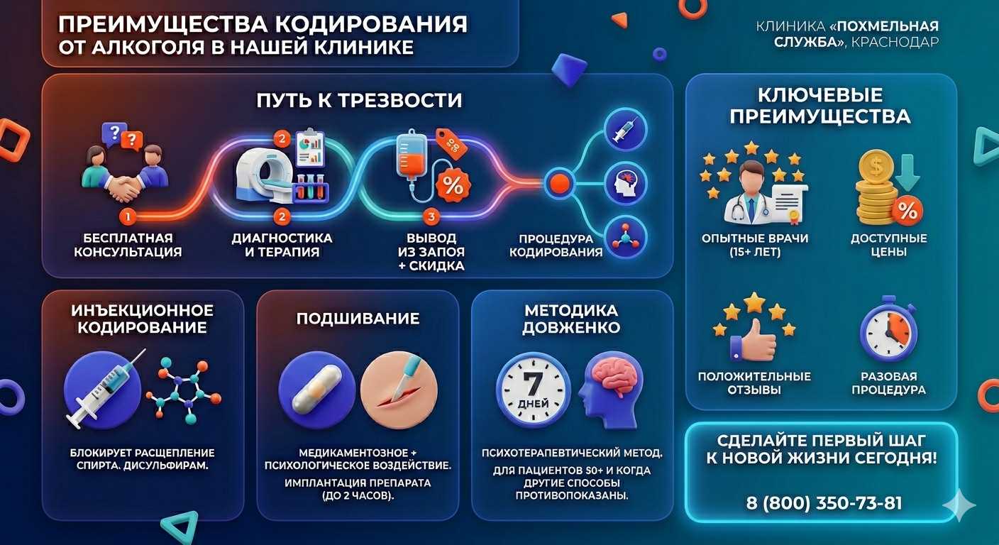 Инфографика о методах кодирования от алкоголя в Дылыме: инъекции, подшивание, метод Довженко. Преимущества клиники и этапы лечения.